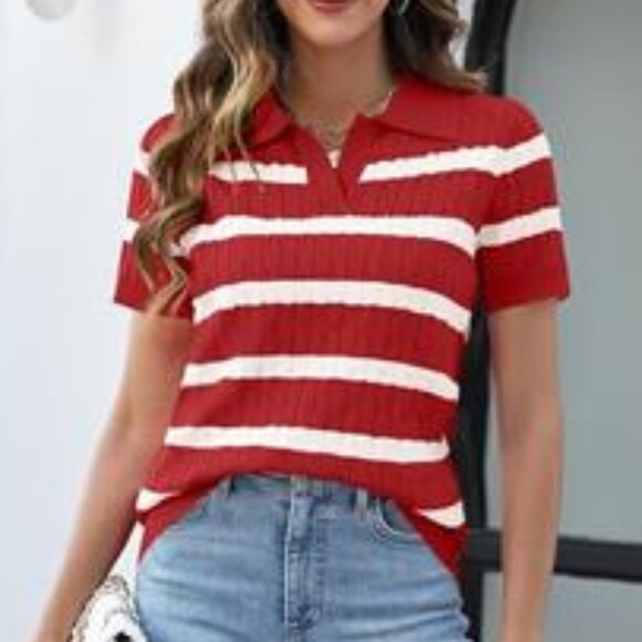 Women’s Short Sleeve Lightweight Cable Knit Sweater Top Red & White V-Neck Lape - Picture 5 of 5